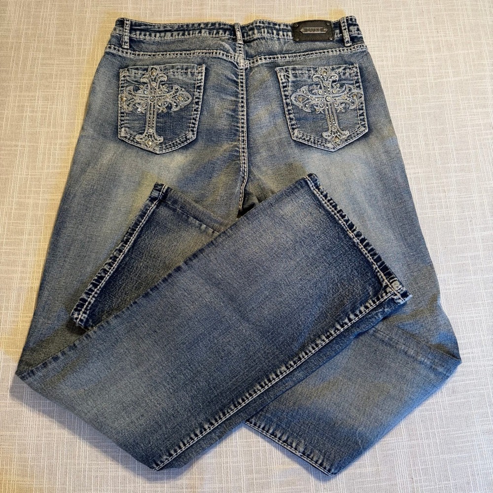 Tru Luxe Jeans Vienna Bootcut Embellished Cross Rhinestone Blue Denim 33/16